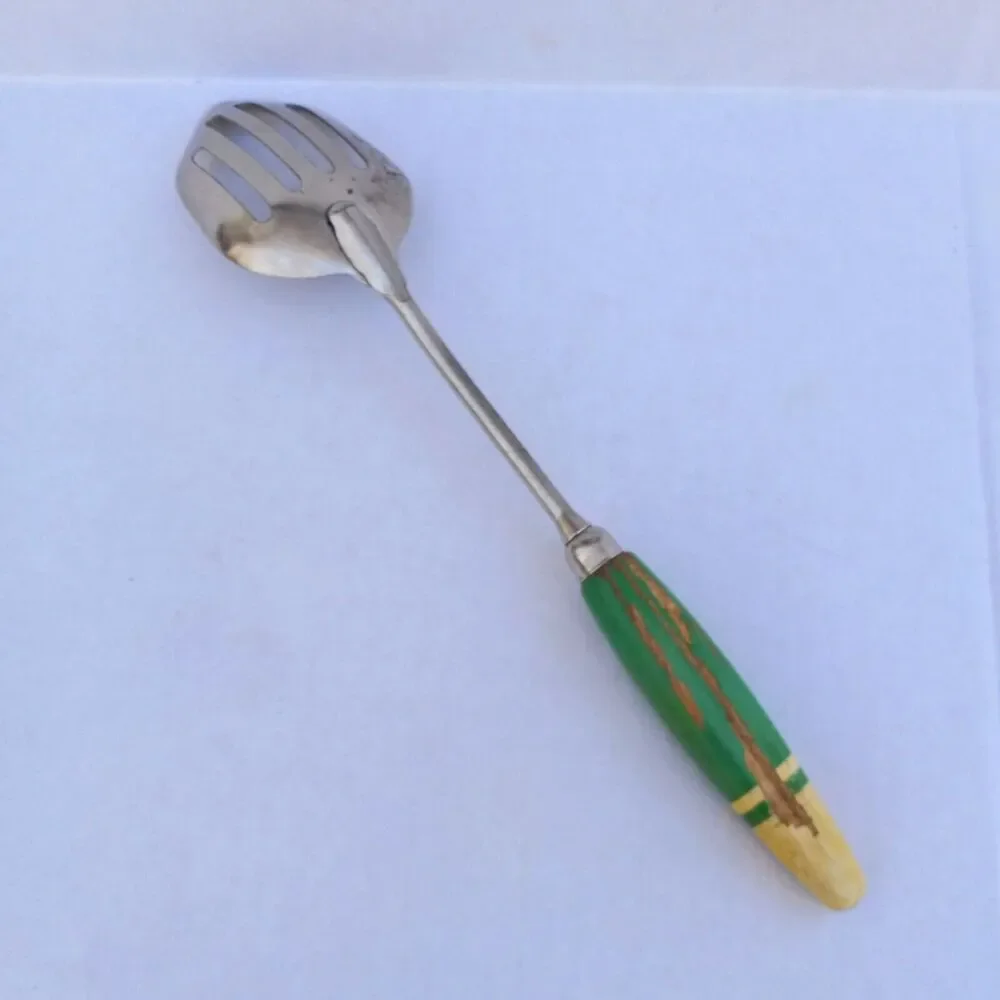 Vintage A&J Scraper Slotted Spoon-Stainless Steel-Wooden Handle-USA Made-Chippy